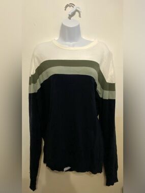 NFINITY Men's Crewneck Sweater in Navy, White & Olive Green Stripes